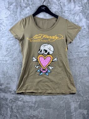 Ed Hardy Christian Audigier Long Sleeve T-Shirt Graphic Green Womens Small Y2K